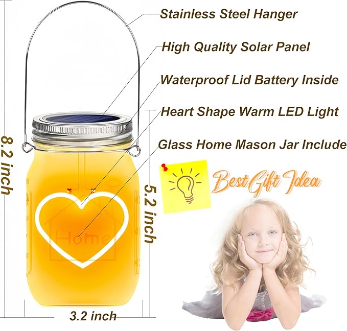 Hanging Solar Mason Jar Lights, 4 Pack Warm Heart Shape Led Lights, Solar Powered Lanterns Outdoor Waterproof, Hangers and Jars Included, Gift for Lover, Home Party Wedding Garden Patio Decor (4)