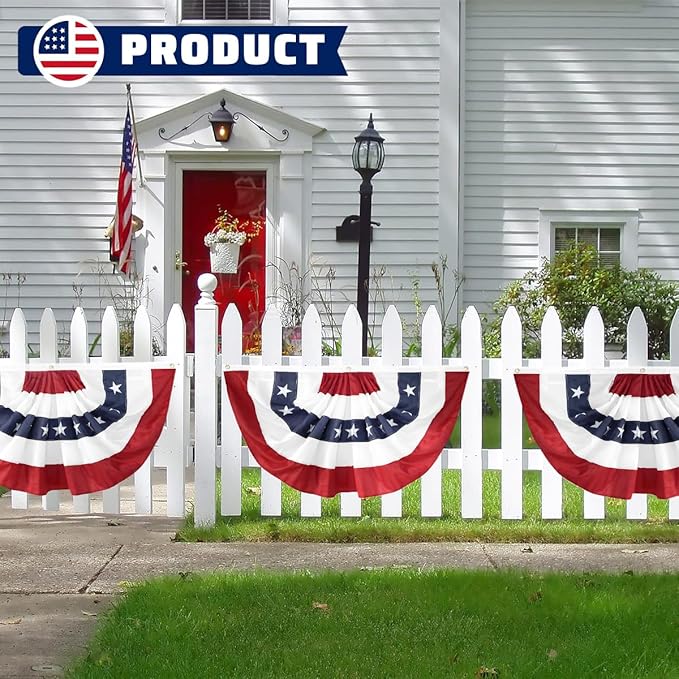 3Pack USA Pleated Fan Flag, 2x4 Feet American Bunting 4th of July Decorations Flags Patriotic Decor Embroidered Stars & Sewn Stripes Canvas Header Brass Grommets for Outside Porch Garden