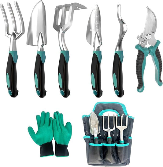 Gardening Tool, Heavy Duty Gardening Hand Tools for Gardener, Gardening Gifts for Women, Men, Heavy Duty Gardening Tools with Storage Tote Bag Non-Slip Rubber Grip, Aluminum Green Gardening Tool Set