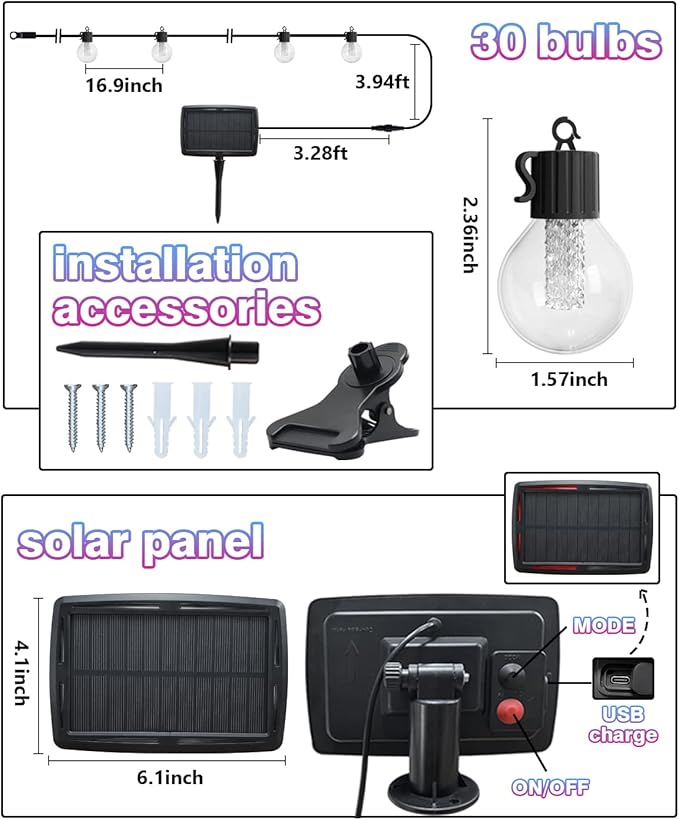 50FT Solar String Lights for Outside – Multicolor & Warm White G40 LED Bulbs, 8 Modes, Shatterproof Waterproof Solar Powered Outdoor String Lights with USB Charging, Patio Lights for Gazebo, Camping