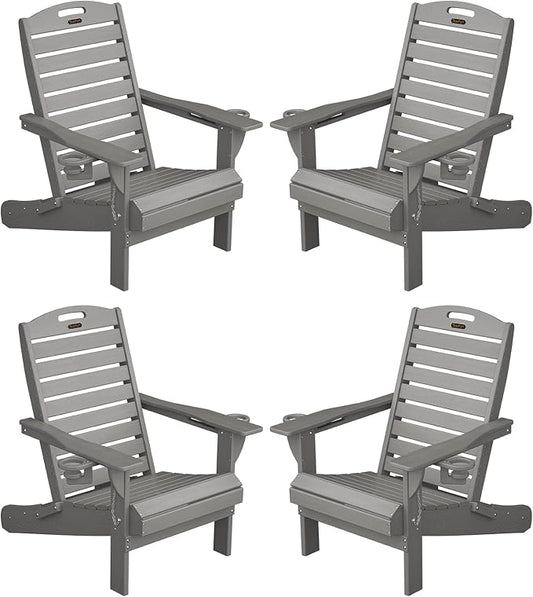 Adirondack Chairs Set of 4, Outdoor Fire Pit Chairs, HDPE All-Weather Adirondack Chairs with Cup Holder, Lawn Chair for Deck, Patio, Garden (Grey)