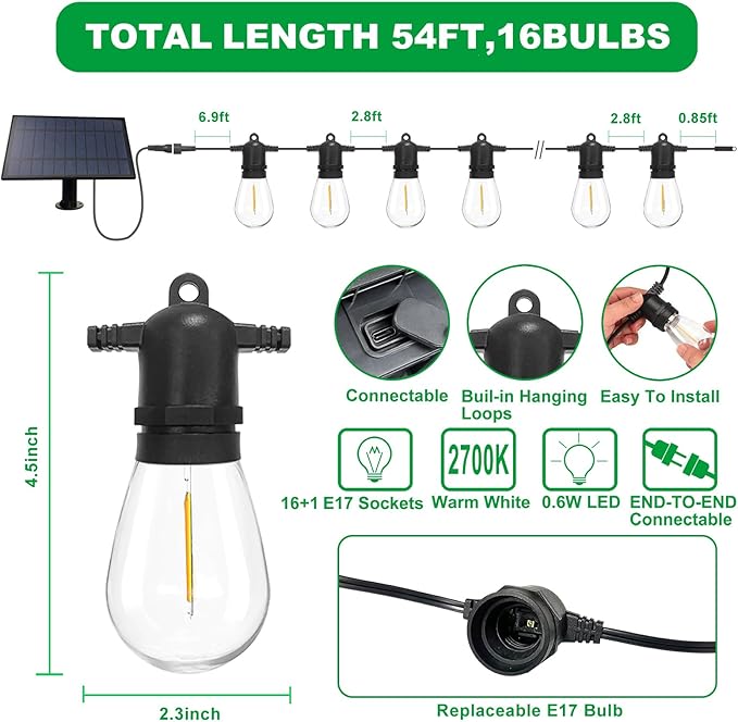 54(48+6) ft Solar String Lights Outdoor,Waterproof with USB Port Remote Control Solar Patio Lights,16 Shatterproof S14 Bulbs,1W Soft White