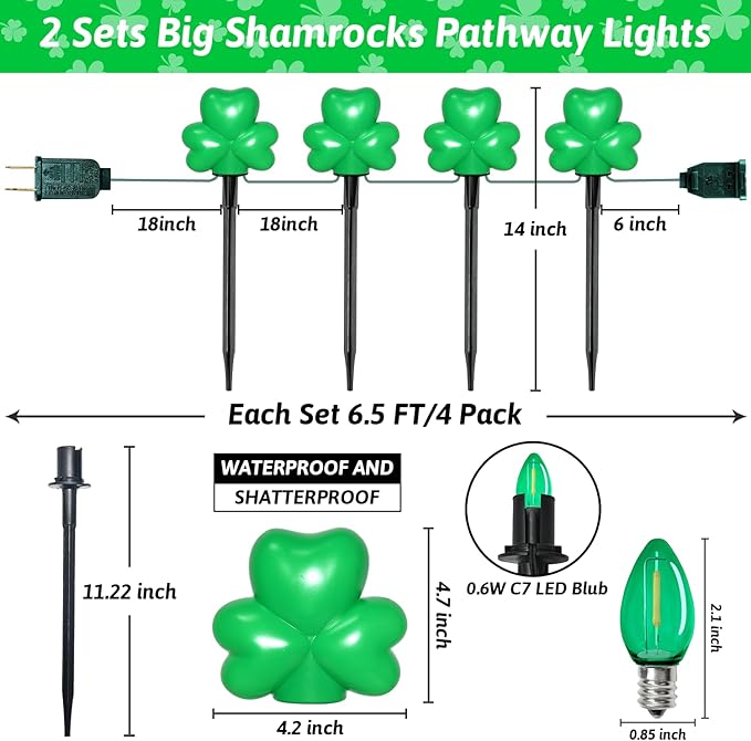 2 Sets 4 Pack St. Patricks Green Shamrock Pathway Lights Outdoor for St. Patricks Day Decorations, C7 LED Green Lucky Clover Garden Lights Waterproof, UL Certified for Lawn Yard Walkway Decor, Plug In