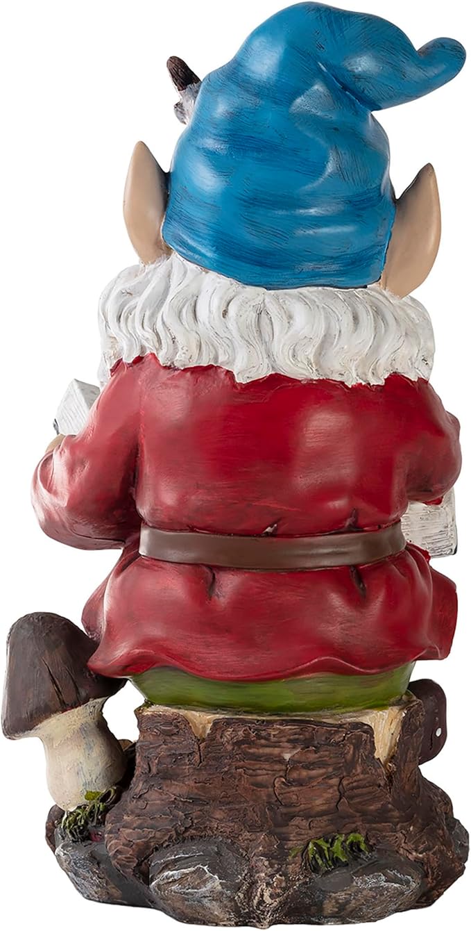 Alpine Corporation 14" Tall Outdoor Garden Gnome Reading a Book Yard Statue Decoration