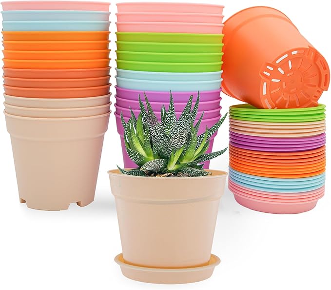 4 inch Plant Pots, 28 Pack Small Plastic Planters with Drainage Holes and Saucers for Flowers Plants, Succulents, Seed Starting Pots, Colorful