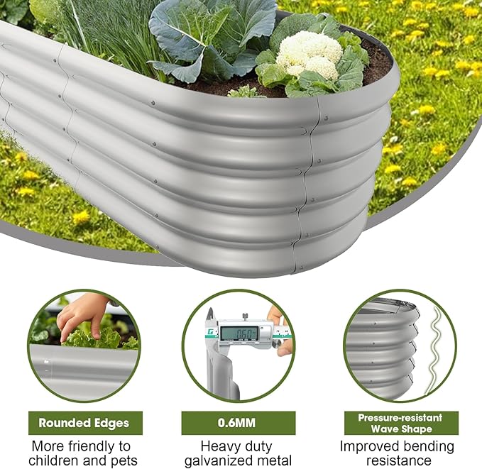 8x2ft Oval Galvanized Raised Garden Bed Kits 16" Tall Outdoor Large Metal Modular Planter Box 9-in-1 Raised Beds for Gardening,Vegetables,Fruits,Flowers & Herbs (Silver)