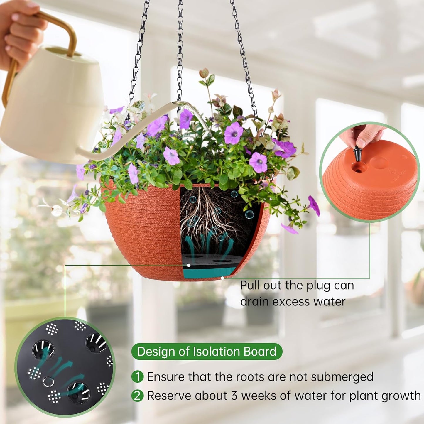 Hanging Planters for Indoor Outdoor Plants, Set of 2 Self Watering Hanging Pots with Drainage Hole & Plug and 20" Chain & Hooks
