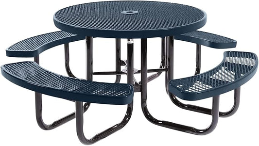 Heavy-Duty Portable Outdoor Picnic Table with Umbrella Hole, Expanded Metal Commercial-Grade Patio Dining Furniture Made in America (46" Round Top, Dark Blue)
