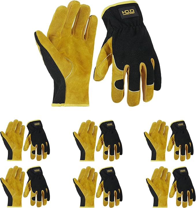 HANDLANDY Leather Work Gloves for Men & Women, Reinforced Durable Garden Gloves, Cowhide Working Glove for Gardening
