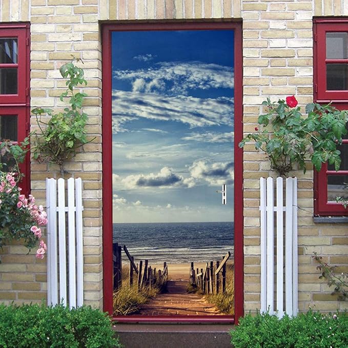 3D Door Wallpaper Self-Adhesive Door Poster - Road to The Beach - Door Film Photo Wallpaper Premium PVC Waterproof Door Sticker Wall Sticker for Bedroom Living Room Door Decoration Stickers 77 x 200