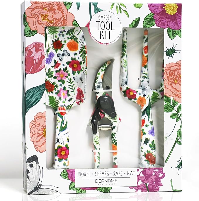 Garden Tool Set, 4 PCS Heavy Gardening Kit Heavy Duty Floral Hand Tools, Fancy Gifts for Women, Including Trowel, Sharp Pruner, Hand Rake, and Mat (White Set)
