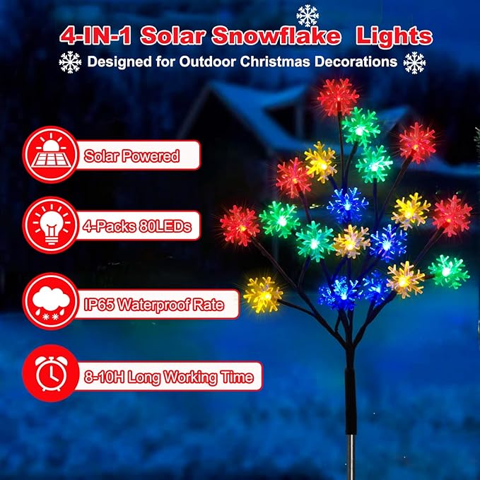 4-Packs 80LEDs Solar Snowflake Christmas Stake Lights, 8 Modes Wonderland Solar Snowflake Lights for Outdoor Christmas Decorations, Waterproof Solar Christmas Lights for Garden Yard Pathway Walkway