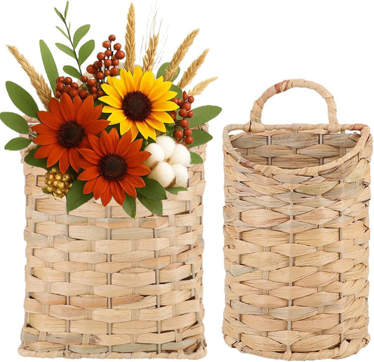 AceList Woven Hanging Basket for Front Door Set of 2, Handmade Water Hyacinth Hanging Wall Basket, Natural Wicker Storage Bins with Handles, Decorative Boho Organizer for Home Farmhouse Decor