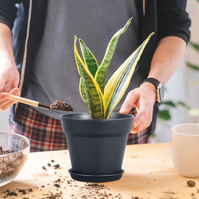 6 inch Nursery Pots, Seedling Pots, 16 Pack Plant Pots for Indoor Outdoor Plants, Flower Pots with Drainage Holes and Saucers, Decorative Plastic Planters for Home Small Plants, Black