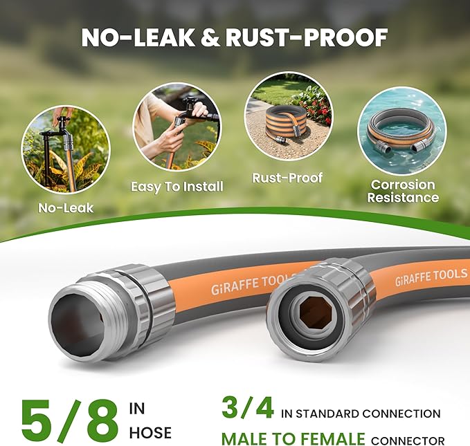 Giraffe Tools Garden Hose 25FT, 5/8" Flexible Lay Flat Water Hose, Custom Length, Leakproof Gardening Hose with Male to Female Fitting, Lightweight Hybrid Hose Pipe for Garden & Yard