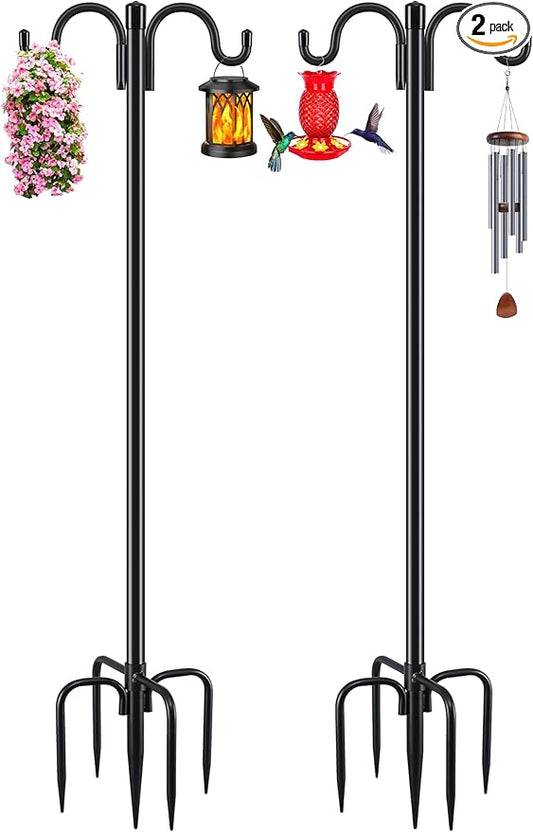 Gtongoko Double Shepherds Hook for Outdoor, 2 Pack 61.5 Inch Heavy Duty Bird Feeder Pole 3/4 Inch Thick Garden Hooks for Hanging Hummingbird Feeder, Plant Baskets, Solar Light Lanterns