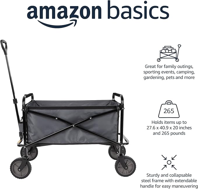 Amazon Basics Collapsible Folding Heavy Duty Utility Wagon for Outdoor Sports, 265 pounds Weight Capacity, Camping, Garden, and Shopping, 27.6 x 40.9 x 20 inches, Gray