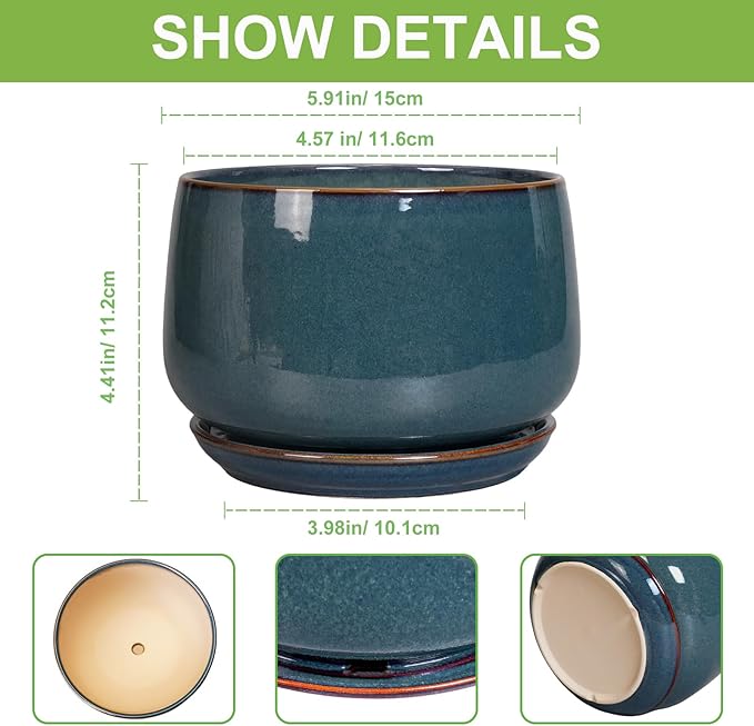 G EPGardening Ceramic Planter 6 Inch - Round Modern Ceramic Pot for Plants with Drainage and Plant Tray Indoor for Flower, Apartment Decor, Housewarming Gifts New Home, Retro Blue