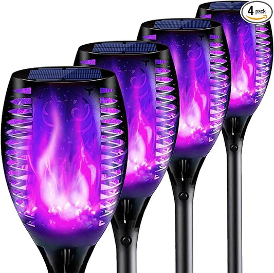 4PCs Halloween Solar Torch Lights Outdoor, 43in 96 LED, Waterproof Landscape Garden Pathway Light with Purple Vivid Dancing Flickering Flames, Auto On/Off Dusk to Dawn for Halloween Lights Decoration
