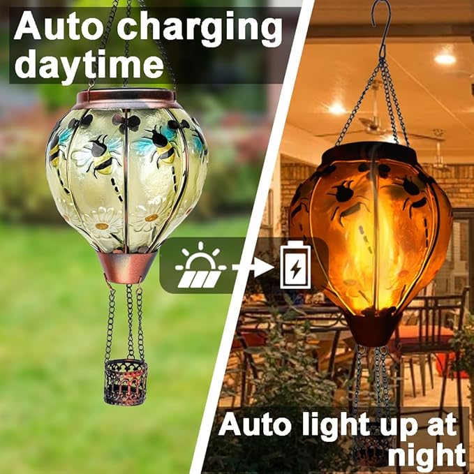 2PC Hot Air Balloon Solar Lantern with 2PC Shepherd Hook, Flickering Flame Hanging Solar Lanterns Outdoor Lights Waterproof Lanterns Decorative Garden Patio Yard Party Decor (Bees)
