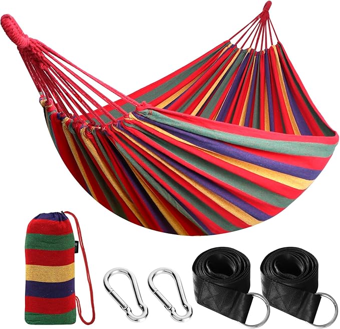 ANYOO Cotton Hammock Portable Camping Hammocks for Hanging Sturdy Garden Comfortable Fabric Hammock with Tree Straps Up to 660lbs with Travel Bag for Camping Outdoor/Indoor Patio Backyard