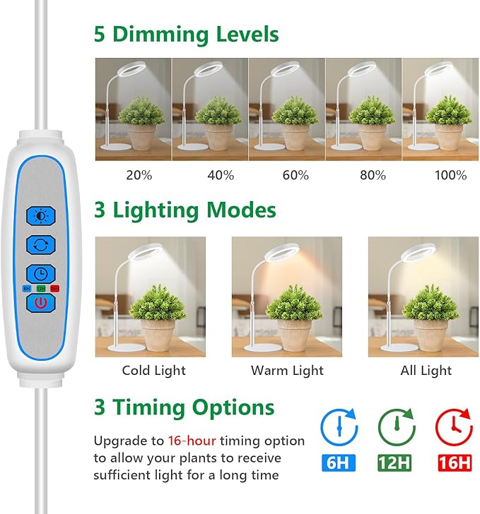 Grow Lights for Indoor Plants, Full Spectrum Desk Plant Light for Growing Small Plant, 80 LED Halo Plant Grow Light with Base, 6/12/16H Timer, 3 Light Modes,Height Adjustable 16.5-24.5"