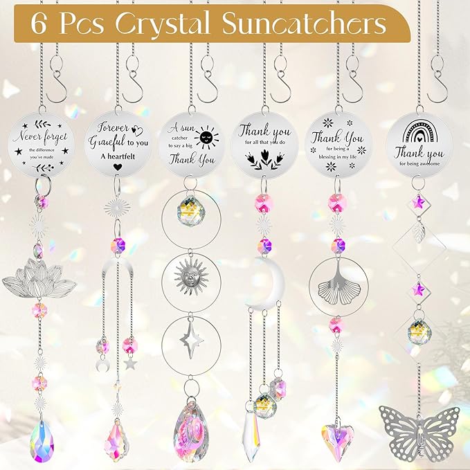 6 Pcs Thank You Gifts for Women Crystal Suncatcher Thank You with Engraved Message Hanging Sun Catcher Ornament for Windows Friend Teacher Coworkers Appreciation Christmas Gratitude Gift
