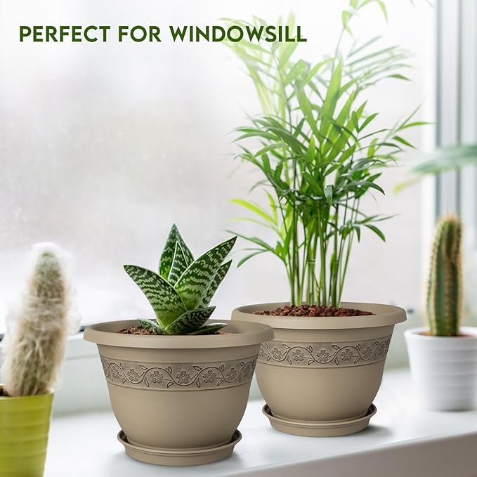 8 Inch Plant Pots with Drainage Hole - Lightweight Flower Pots for Herbs and Flowers - Home Decor Plastic Planters for Indoor Outdoor Plants- Pack of 6 (Brown, 8 inch)