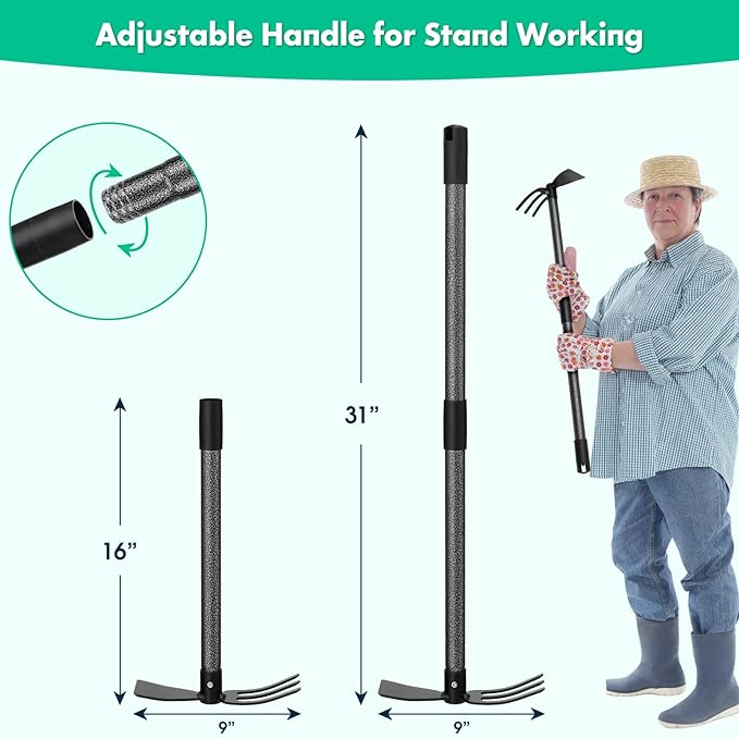 Garden Hoe and Cultivator, 31 Inch Long Heavy Duty Hand Hoe Garden Tool with Tiller,2 Section Handle, Carbon Steel Blade, Cultivator Hoe Garden Tools for Loosening Soil, Weeding Garden Tools