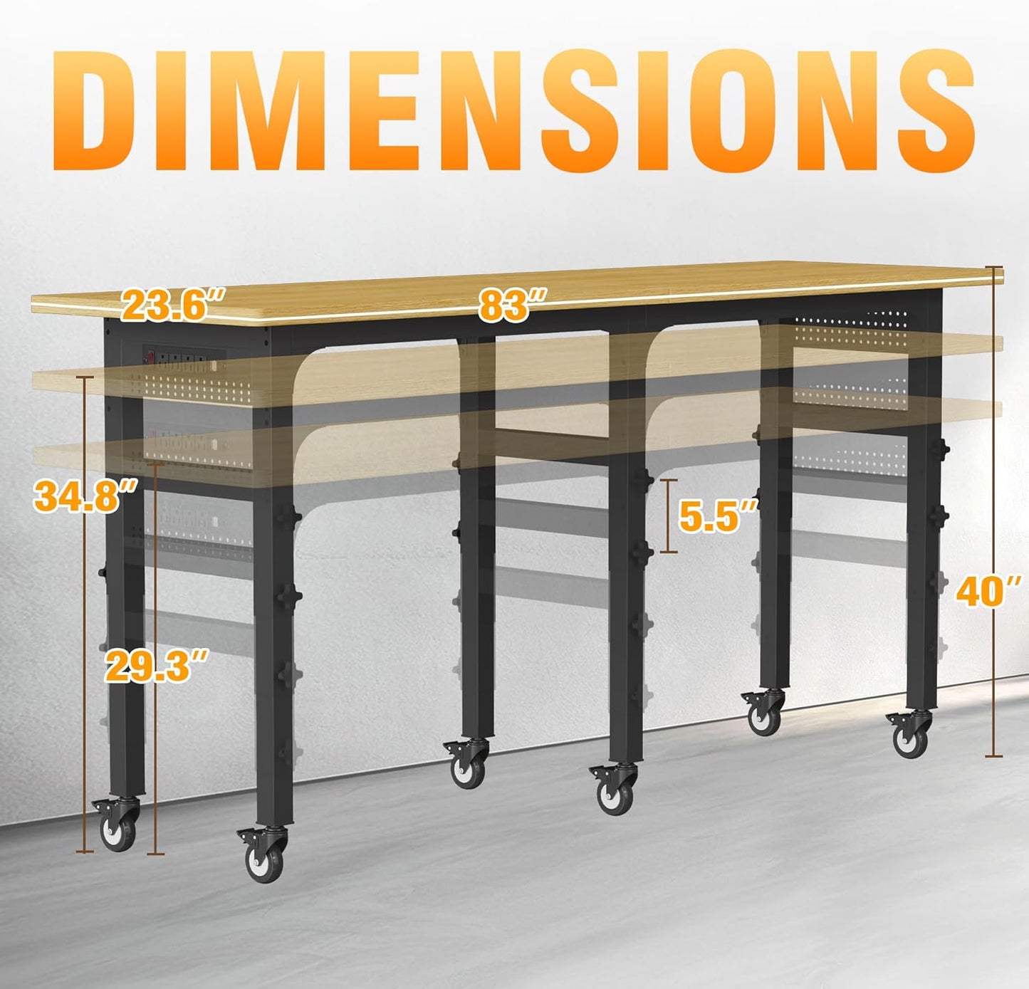 83" Heavy Duty Work Bench with Wheels, Adjustable Height 3000 Lbs Garage Workbench w/Pegboard Pad & Power Outlets, Portable Mobile Tool Work Table for Woodworking Workshop Home Office (83" L)