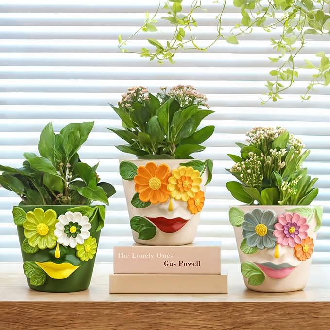 GUGUGO Flower Face Planters, Abstract Unique Head Plant Pot with Drainage, Rainbow Colorful Cute Flower Plant Pots for Indoor Plants, Funny Succulent Gardening Pot Gift Home Décor (Green&White, 5Inch)
