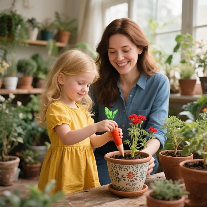 4-Pack Plant Watering Spikes with Lids，Self Watering Spikes, Plant Water Seepage Device, Cute Carrot Shape，Clay Plant Garden Waterers for Vacations