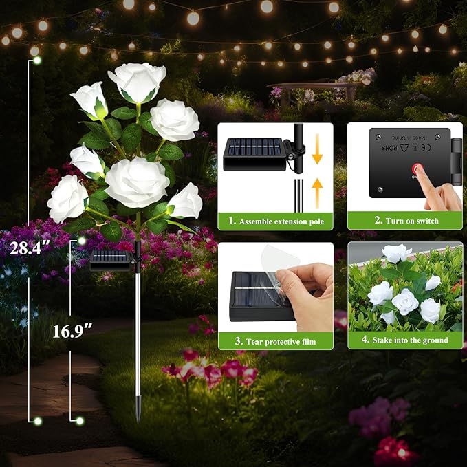 2 Pack Solar Garden Lights Outdoor, 7-Flower Rose LED Stake Light for Yard Patio Pathway Lawn Fence Cemetery, White