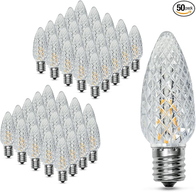 50Pack C9 Christmas LED Light Bulbs, Strawberry Replacement Bulb 2200K Warm White Shatterproof & Waterproof Outdoor String Light Bulbs, E17 Candelabra Base Edison Bulbs for Holiday Decoration