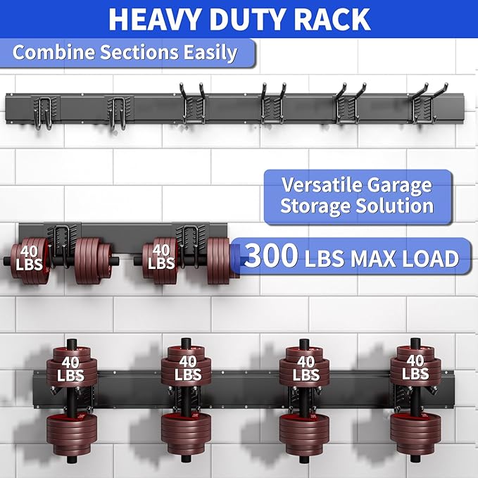 Garage Organization Tool Organizer Wall Mount, 48inch Heavy Duty Garden Tool organizer Storage System, Easy Install With 6 Adjustable Hooks, For Garage, Basement, Shed, Workshop(Black)