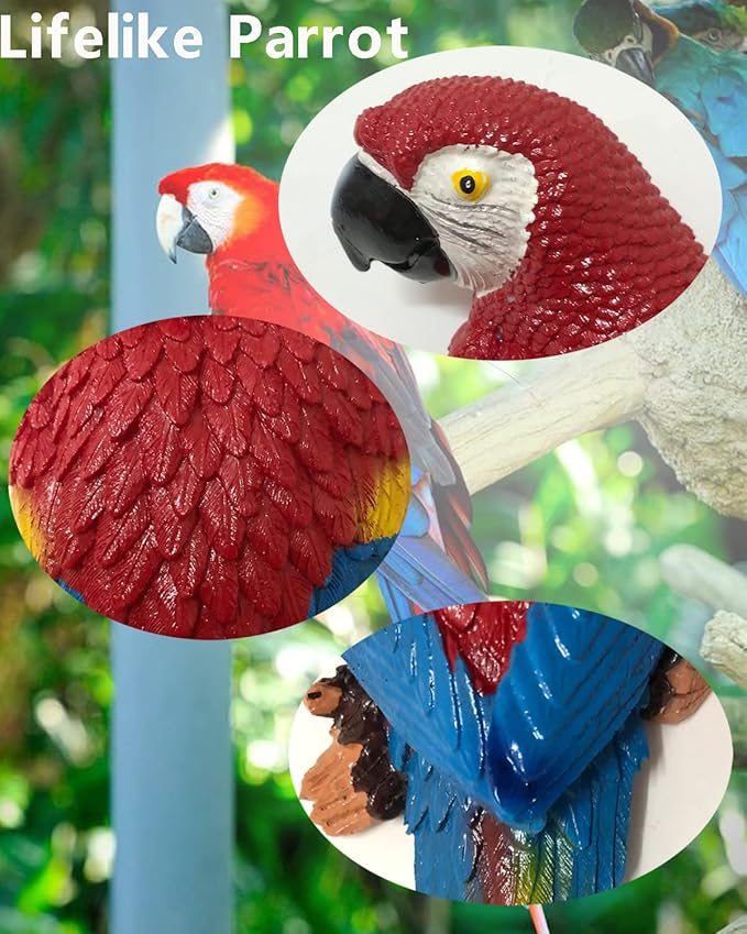 2Pcs Large Resin Parrot Decor Statues Lifelike Hawaiian Tropical Birds Decor, 12.5" Fake Parrot for Tiki Decoration Outdoor Garden Tree Wall Pool Macaw Statues Bird Lover Ornament Gifts(Blue and Red)