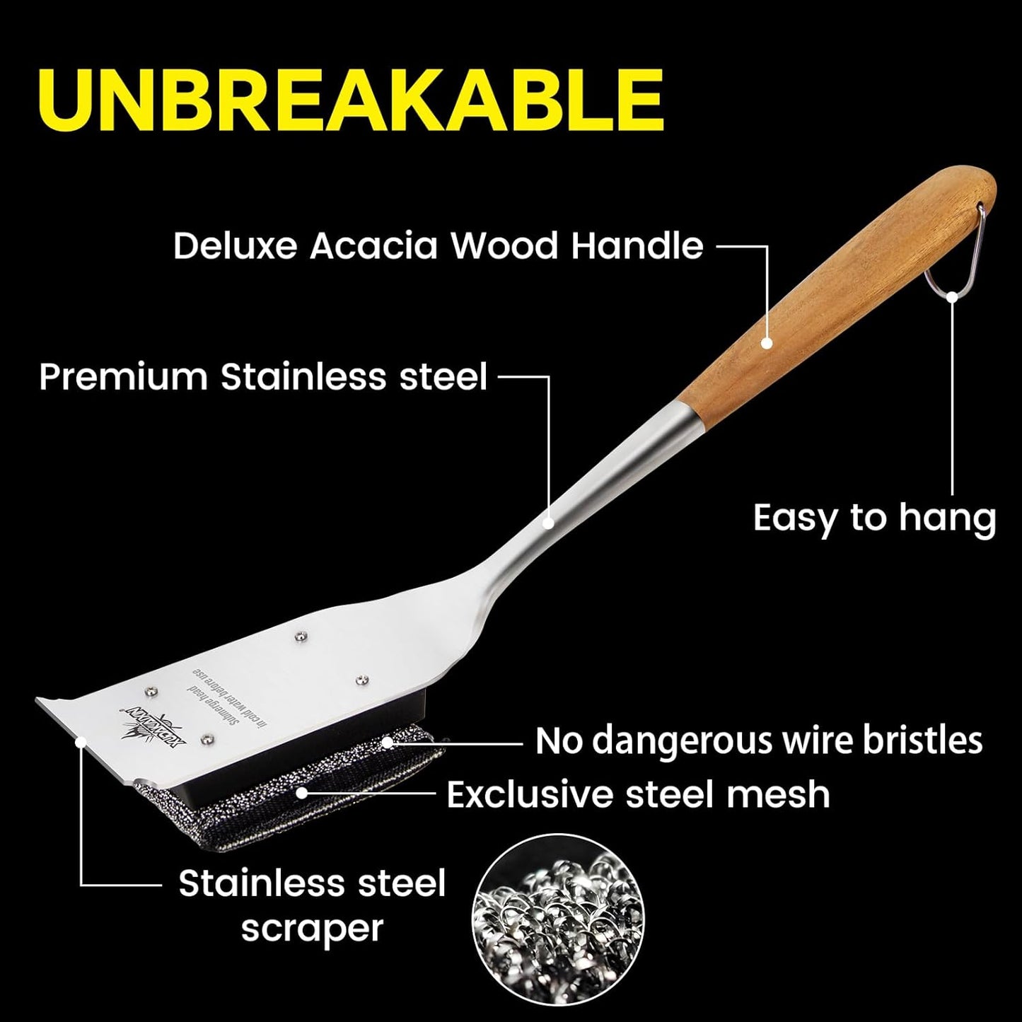 18” Steam Grill Brush Bristle Free,with Extended Luxurious Acacia Wood Handle,Safe Grill Cleaner for Outdoor Grill,Replaceable Head Grill Scraper Tool,BBQ Accessories,Gifts for Men/Dad ﻿
