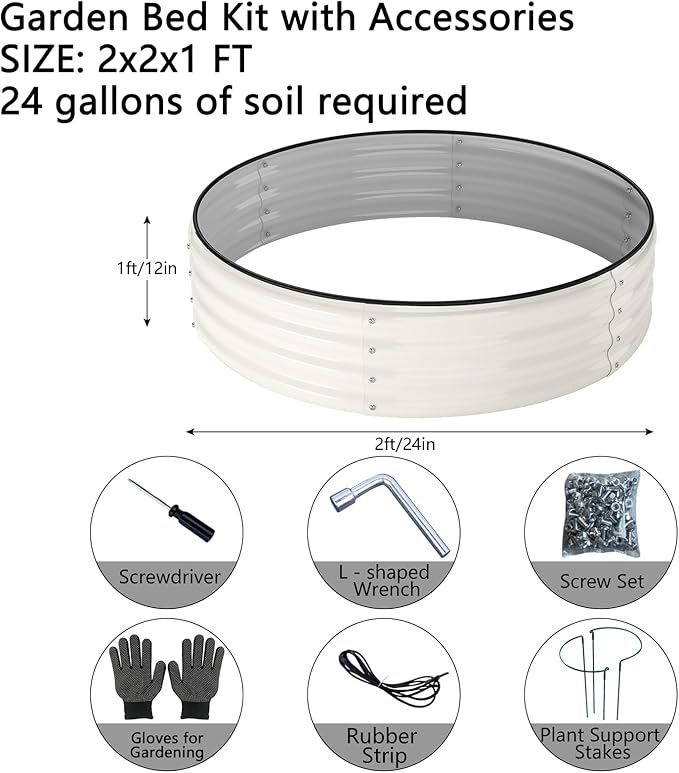 Galvanized Metal Planter Round Raised Garden Bed Kit for Gardening Outdoor，2x2x1ft 2pc Grow Garden Box Raised Flower Bed，Round Galvanized Planter Outdoor Metal Fire Pit Ring White