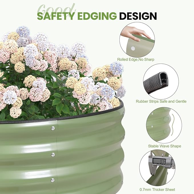 G GOOD GAIN Round Raised Garden Bed - 2Pcs 3x3x1ft Galvanized Steel Planter Boxes Outdoor with Rubber Edge Trim | Metal Raised Beds for Gardening Vegetables Flowers Fruits Herbs (Olive Green)