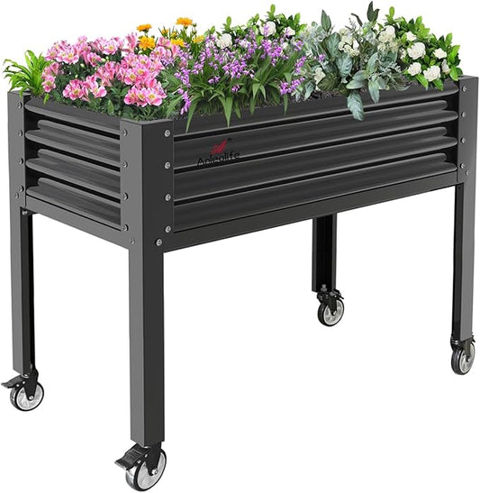 A ANLEOLIFE Galvanized Raised Garden Bed with Legs,48x24x35in Large Elevated Planter Box on Wheels with Drainage Holes for Backyard, Balcony, Patio, 600lb Capacity, Quartz Grey