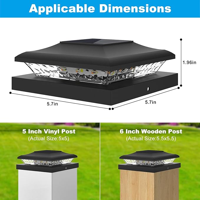 4 Pack Solar Post Cap Light Outdoor Fence Cap Lights 2 Color Modes 24 LEDs for Wooden/Vinyl Post, Waterproof Deck Patio Decoration Fits 5x5, 5.5x5.5 or 6x6 Wooden Posts (3000k/6000k)