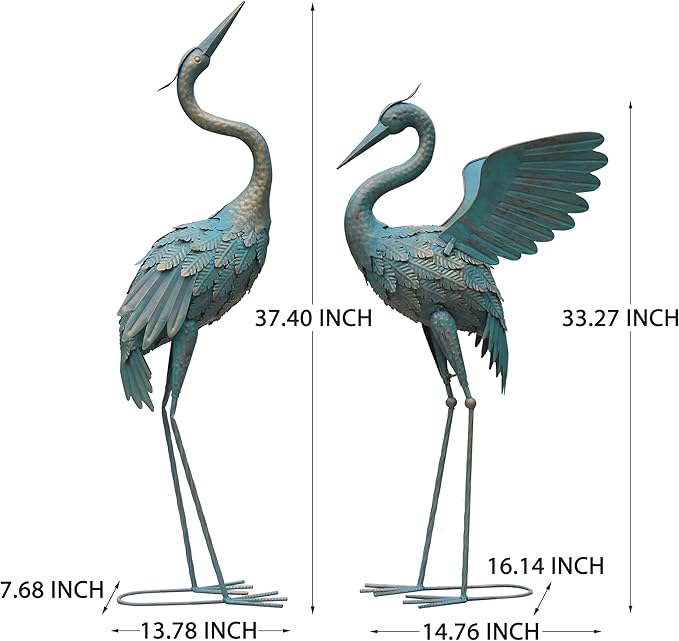 33-37 Inch Metal Crane Garden Statue Décor, Bird Garden Sculpture & Statues, Outdoor Decoration for Yard Patio Lawn Backyard Pool, Vintage Spread Wings Crane, Set of 2