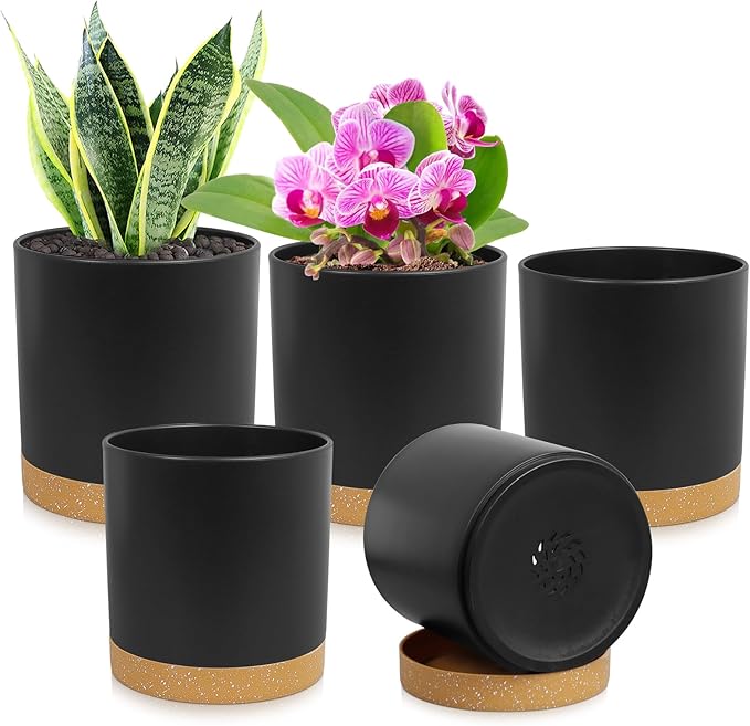 5 Pack Cylindrical Flower Pots with 7/6.5/6/5/4 inch, Modern Small Plastic Plant Pots with Drainage Holes & Saucers, Round Planter Pots for Outdoor, Indoor & Office Decor (Black Brown)