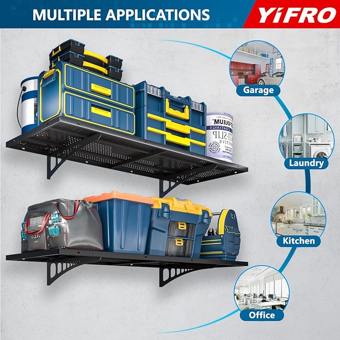 4-Pack 1.5x4ft Heavy Duty Garage Wall Shelving, 1000 lbs Load Capacity, Garage Shelving Wall Mounted, Garage Storage Rack with Hooks, Black