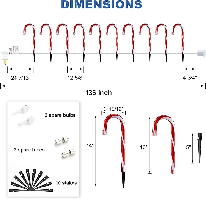 10" Christmas Candy Cane Lights - Set of 10 Pathway Markers Christmas Outdoor Yard Decorations, Xmas Candy Cane Stake Lights for Lawn, Walkway, Garden, Xmas Party Indoor Ornaments