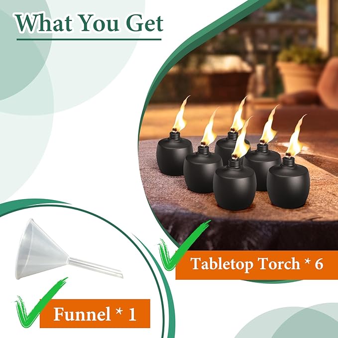 6-Pack Citronella Tabletop Torches, MQKIWAO 21 oz Table Top Torches for Outdoor, Metal Oil Burner Candles, Garden Torches with Fiberglass Wick for Yard, Patio, Deck, Garden, Party, Landscape