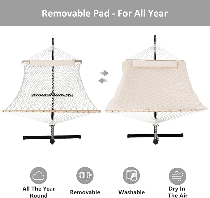 ANOW Heavy Duty Hammock with 12FT Steel Stand Included, Rope Hammock with Detachable Pillow and Pad, 450 LBS Weight Capacity, Cream