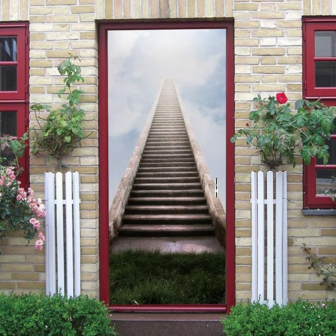 3D Door Stickers Murals - Stairs - Peel and Stick - Waterproof & Washable - Matt Finish - Modern Style - White - 31.5" x 78.7" (2 PARTS)
