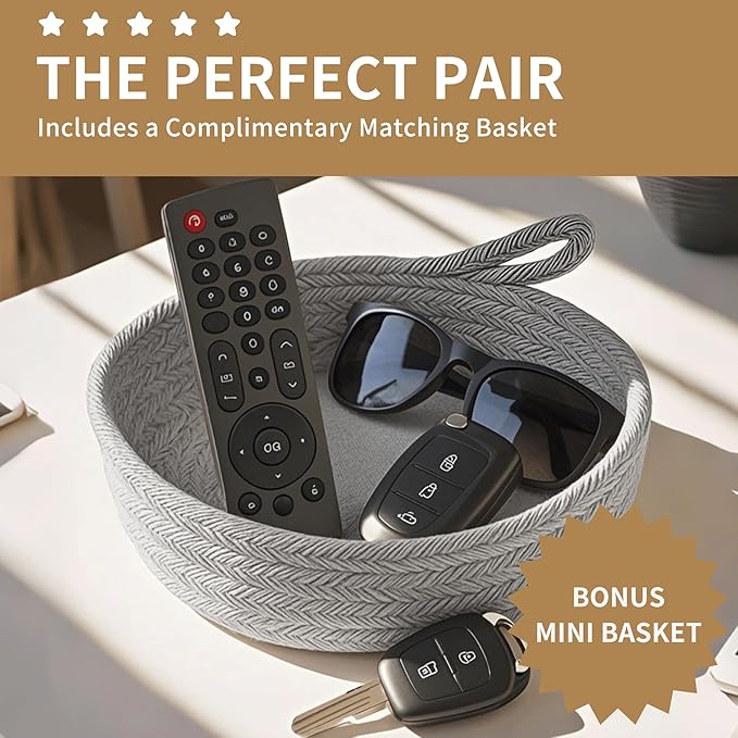 125L Extra Large Blanket Basket, 25" x 16", Jumbo Laundry Woven Baskets Decorative Home, Cotton Rope Basket with Handles, Baby Toy Baskets for Storage, White & Gray