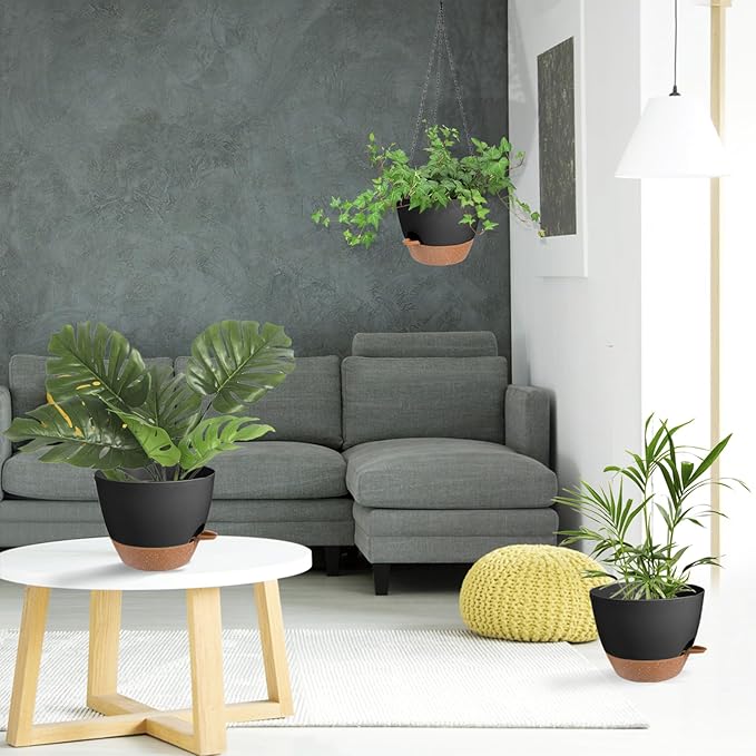 Hanging Planters for Indoor Outdoor Plants, 1 Set Self Watering Hanging Pot with Drainage Holes & Removable Tray (Black-12inch, 12'')
